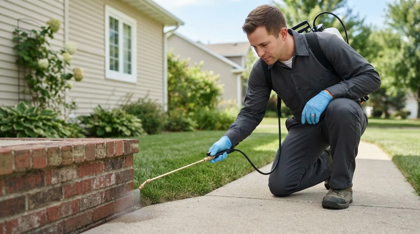 Pest control technician treating a home near Frederic, WI