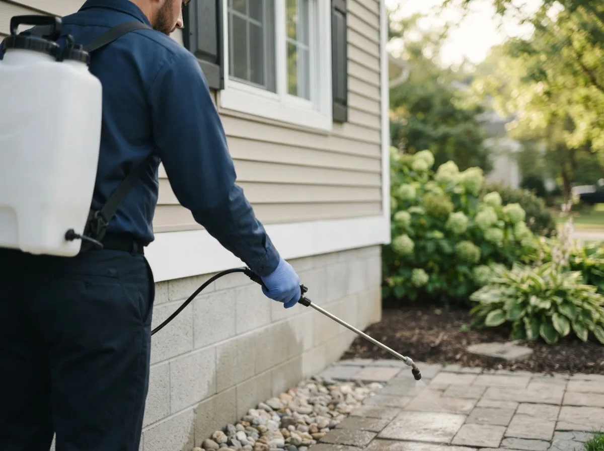 Pest control technician inspecting a home in Frederic, WI